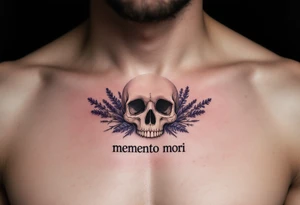 A pale skull surrounded by dried lavender and "memento mori" delicately scripted in soft gray beneath it tattoo idea