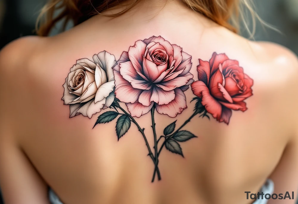 Three roses in different stages of bloom—white (beginning), pink (growth), and deep red (passion)—sorted one under another tattoo idea