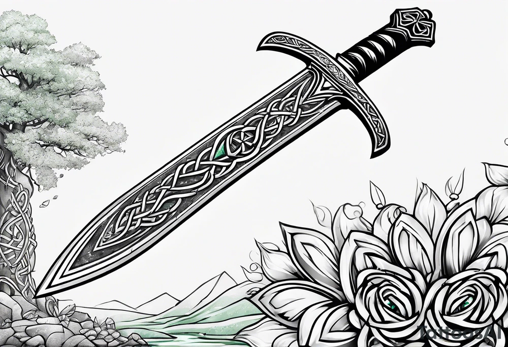 A Celtic dagger with an oak hilt turned upright and emerald gemstones on it tattoo idea