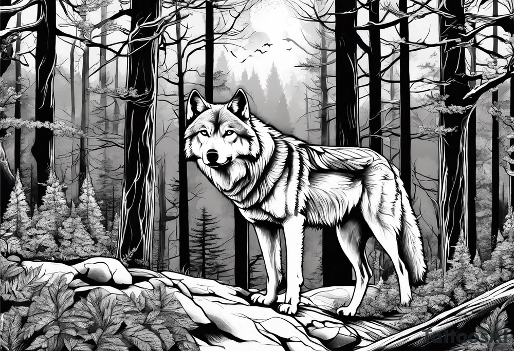 Forest in wolf tattoo idea