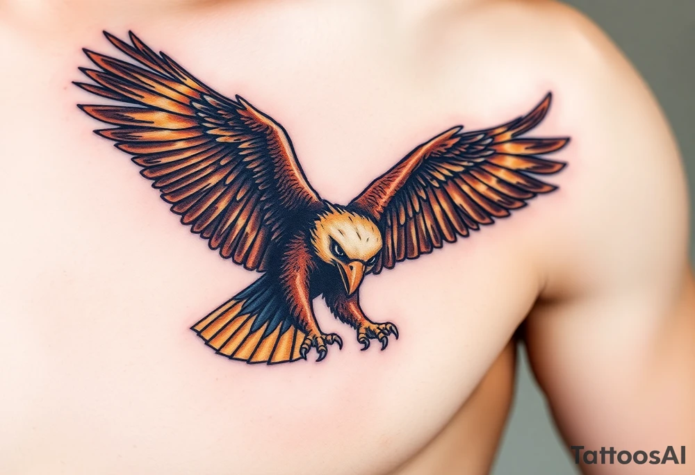 A soaring eagle with fully extended wings, painted in shades of deep brown and gold, its talons reaching forward in mid-flight. tattoo idea