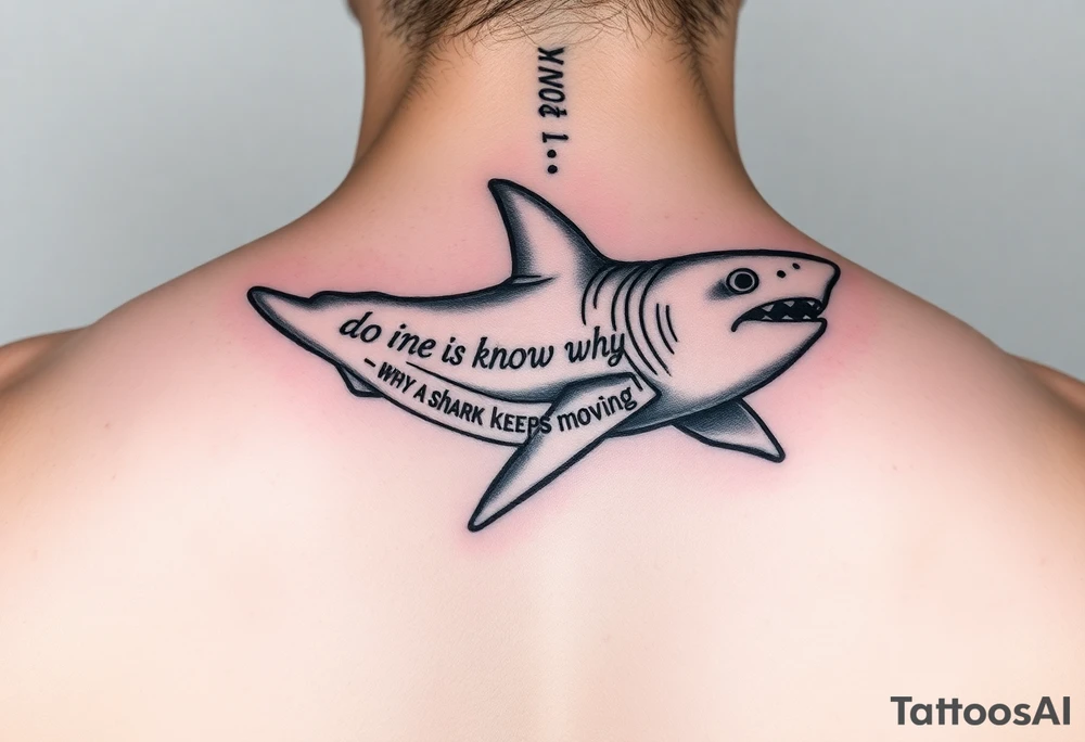 Whale shark on back by spine with the words “do you know why a shark keeps moving”wrapped around the shark tattoo idea