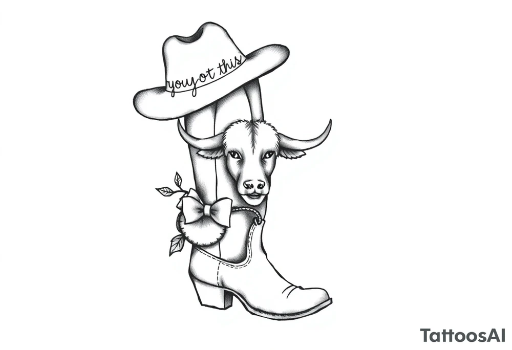 A cowboy boot with a cowboy hat on top the words you got this stitched into the hat and stitched into the boot an orange, a highland cow and a bow tattoo idea