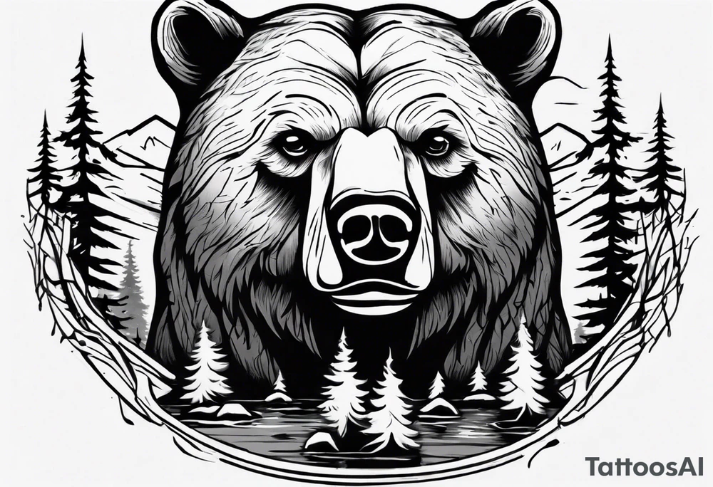 bear head right above the forest line with a lake below, full arm sleeve tattoo tattoo idea