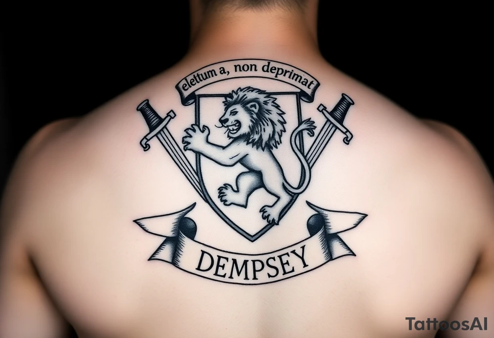 A rampant lion in between two swords with a shield surrounding both the lion and the swords. Above it are the words "elatum a deo non deprimat" inside on an outstretched scroll. And at the bottom it will say "DEMPSEY" inside of an outstretched scroll tattoo idea