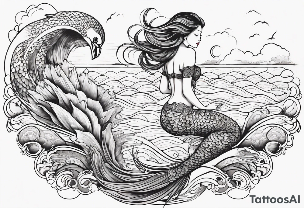 mermaid jumping to see pelicans tattoo idea