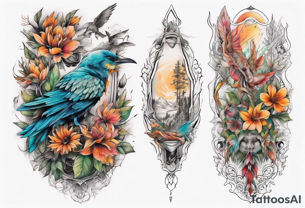 Full Back tattoo fine line with nature and some
Colors tattoo idea