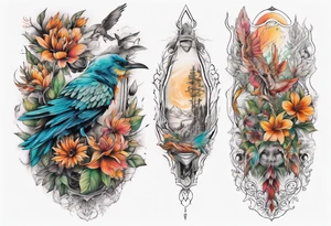 Full Back tattoo fine line with nature and some
Colors tattoo idea