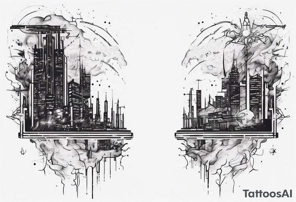 minimalist cyberpunk upper arm design from the shoulder that depicts heaven and hell as a city scape 
with neuron projecting downwards. tattoo idea