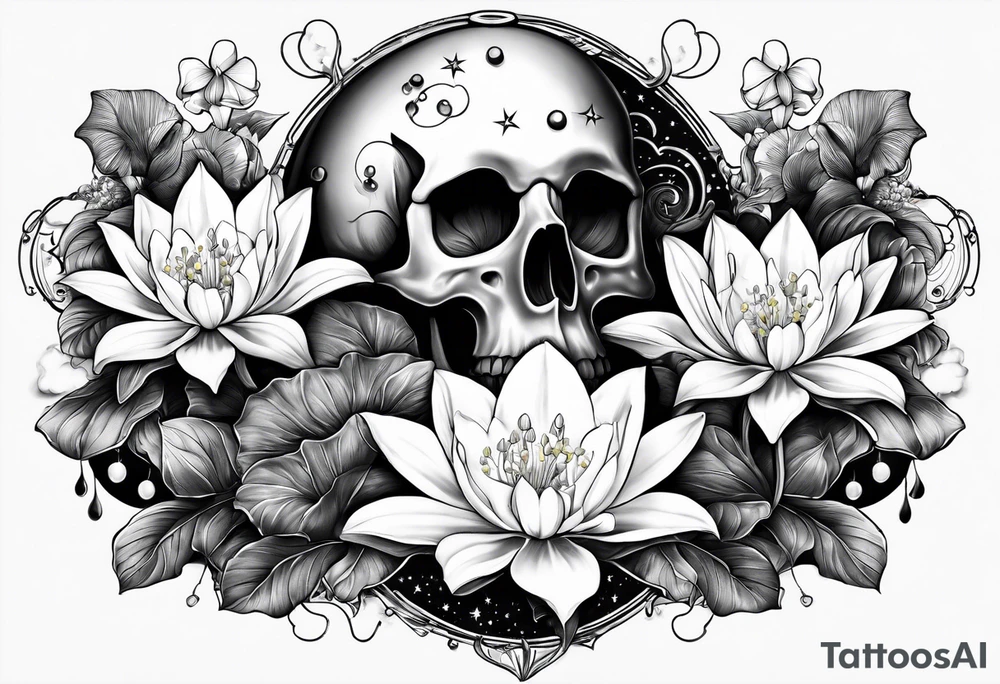 sleeve incorporating science, skulls, roller coaster track, space and stars, water lily, daffodil, lily of the valley tattoo idea