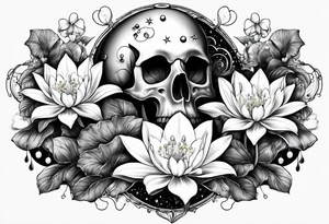 sleeve incorporating science, skulls, roller coaster track, space and stars, water lily, daffodil, lily of the valley tattoo idea