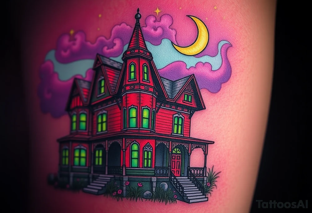 Tim Burton’s haunted victorian home is abandoned and dripping with muted reds, dusty pinks, and eerie green glow.purple and cyan smokey clouds swirl in the crescent moonlit sky thats sprinkled with stars tattoo idea tattoo idea
