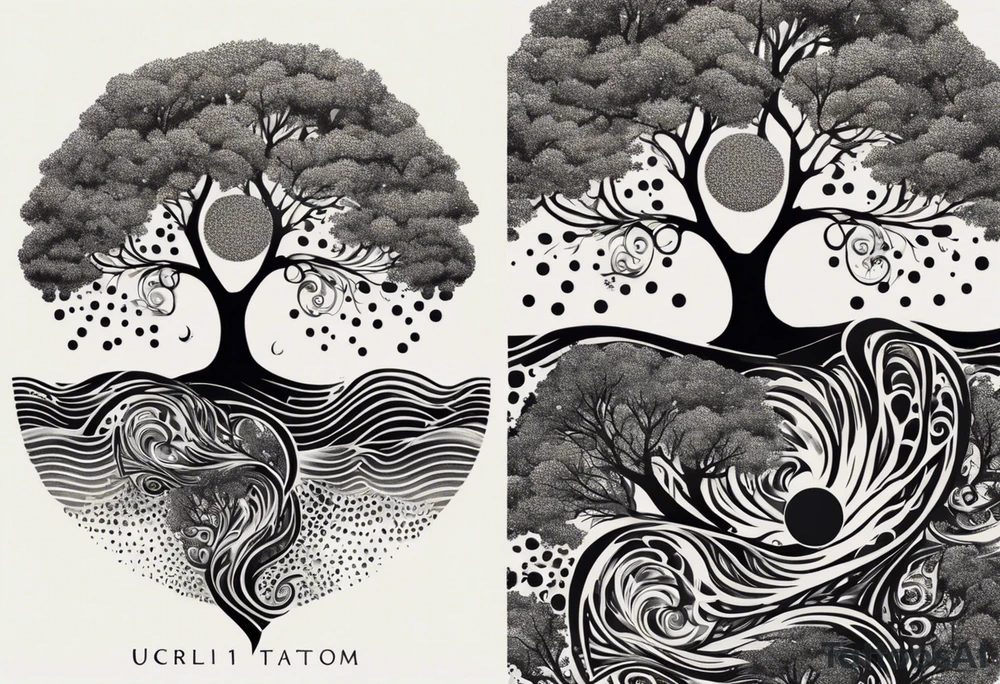 A tattoo design that incorporates the following elements: an abstract tree of life that has roots emerging  from the ground. Waves of water encapsulate the tree and wind around it in an organic way.  Incorporate music.   the letters U and A are overlapping and engraved into the tree. a golf ball incorporated but not prominent. tattoo idea