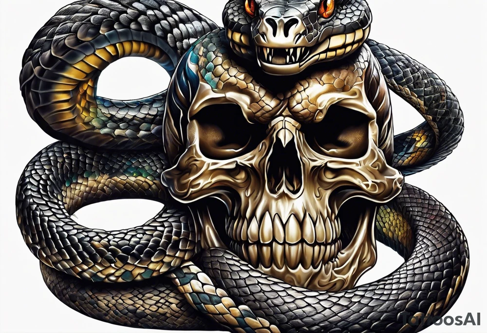 Snake intertwined into a realistic skull coming through the eye ready to strike tattoo idea