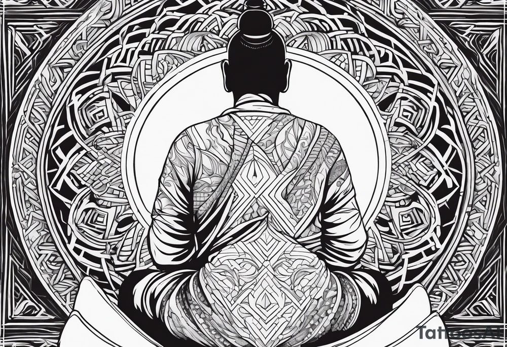 Monk head facing down meditating while doing namaste hand full body tattoo idea