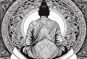 Monk head facing down meditating while doing namaste hand full body tattoo idea