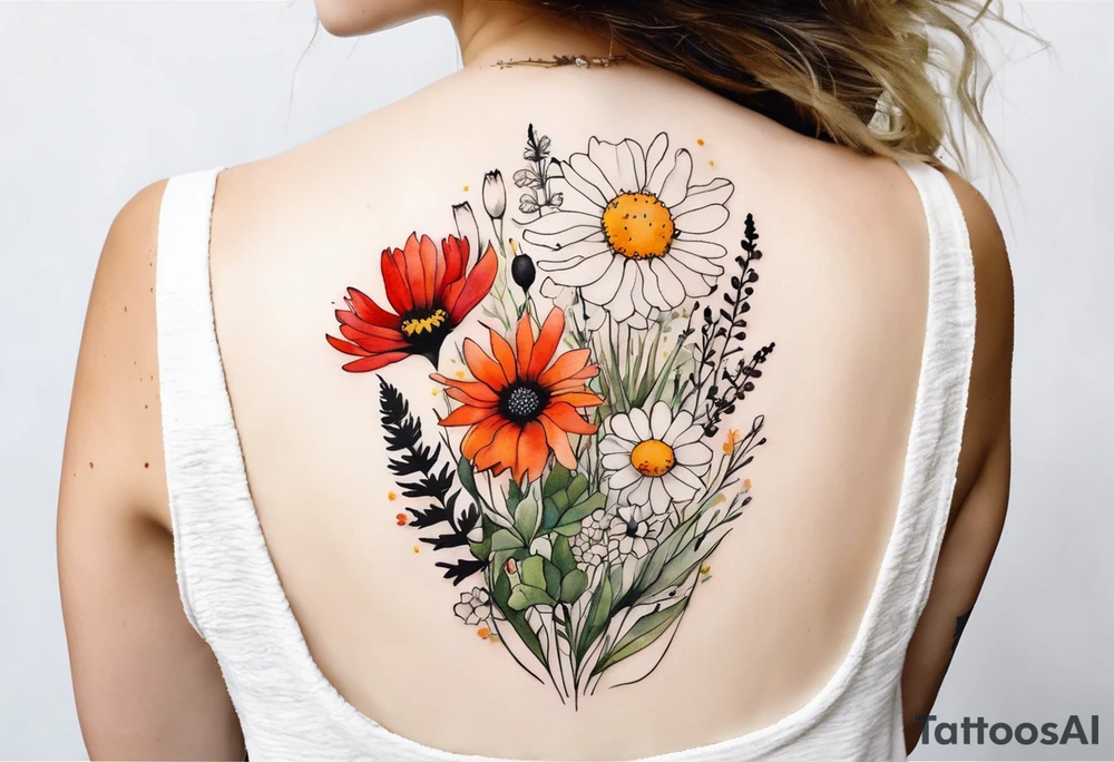 sideways oval of wildflowers cascading with thistles, ferns, white anemones, sun flowers, red flowers, black flowers, buttercups, orange flowers, babys breath and daisies all in watercolor tattoo idea