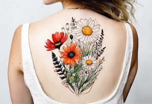 sideways oval of wildflowers cascading with thistles, ferns, white anemones, sun flowers, red flowers, black flowers, buttercups, orange flowers, babys breath and daisies all in watercolor tattoo idea