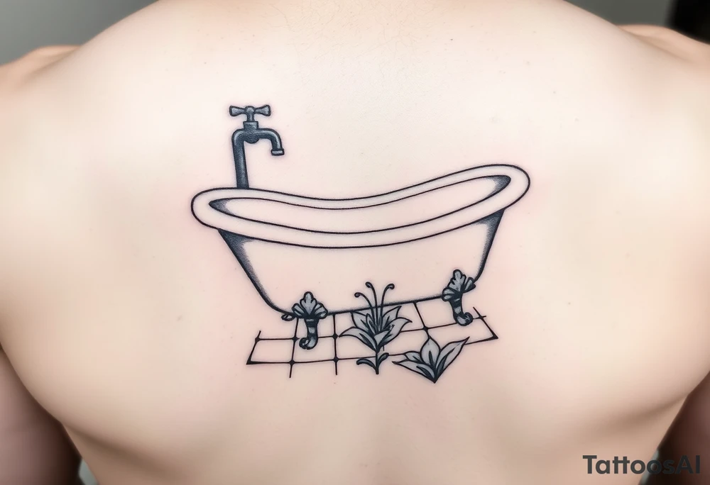 clawfoot bathtub with simple faucet and lily coming up out of the tile floor tattoo idea