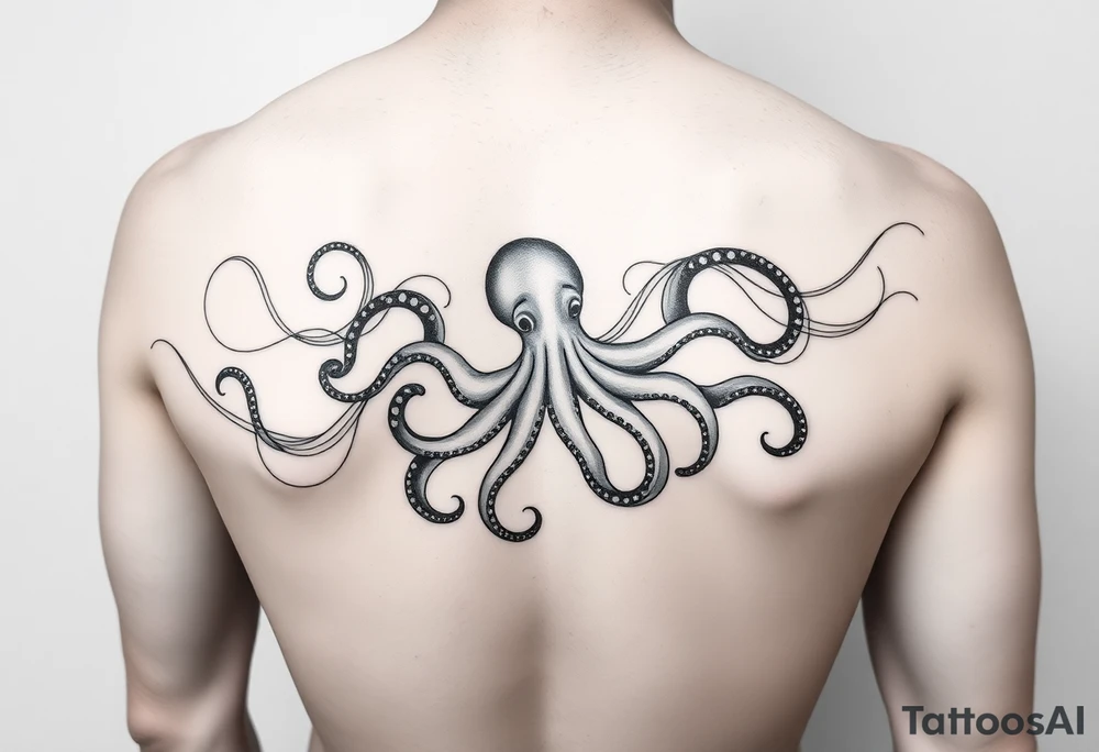 abstract tattoo design, flowing black fine lines, elegant minimalistic linework, psychedelic swirls like gasoline or oil floating on water, iridescent texture implied but in pure  grey ink, delicate organic curves, vapor-like trails, non-literal and surreal, suggestion of an octopus hidden in fluid tentacle-like lines, not a real octopus, just subtle illusion, abstract marine motion, with minimalist seamlessly integrated into the flowing pattern, modern feminine tattoo style, graceful and airy, inspired by Pis Saro and Balazs Bercsenyi, hint of nature and ocean depth, hypnotic and dreamlike, ink diffusion aesthetics, no solid fills, ethereal line-only design tattoo idea