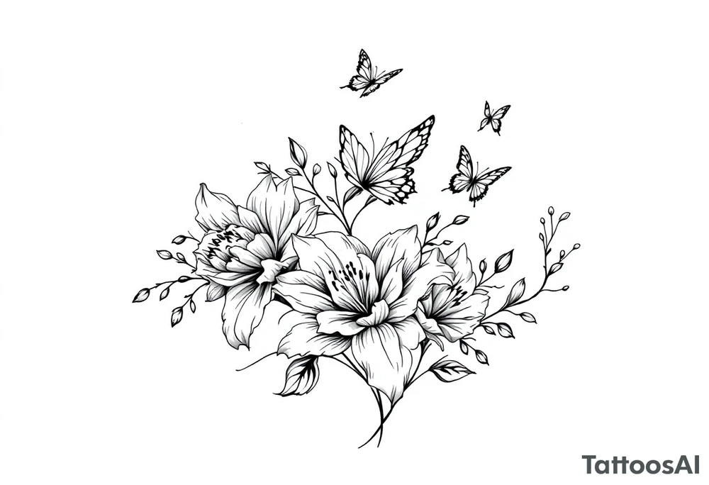 A delicate and highly detailed tattoo design featuring elegant flowers and two butterflies, symbolizing family, love, and the bond between a mother and her children. The flowers, such as lilies or peonies, represent protection, beauty, and unconditional love. Two butterflies gracefully flying around the flowers symbolize the children, Zackary and Charlie, representing their growth and freedom. Their names should be subtly integrated into the design, either along the stems of the flowers, within the butterfly wings, or in an elegant script flowing naturally with the composition. tattoo idea