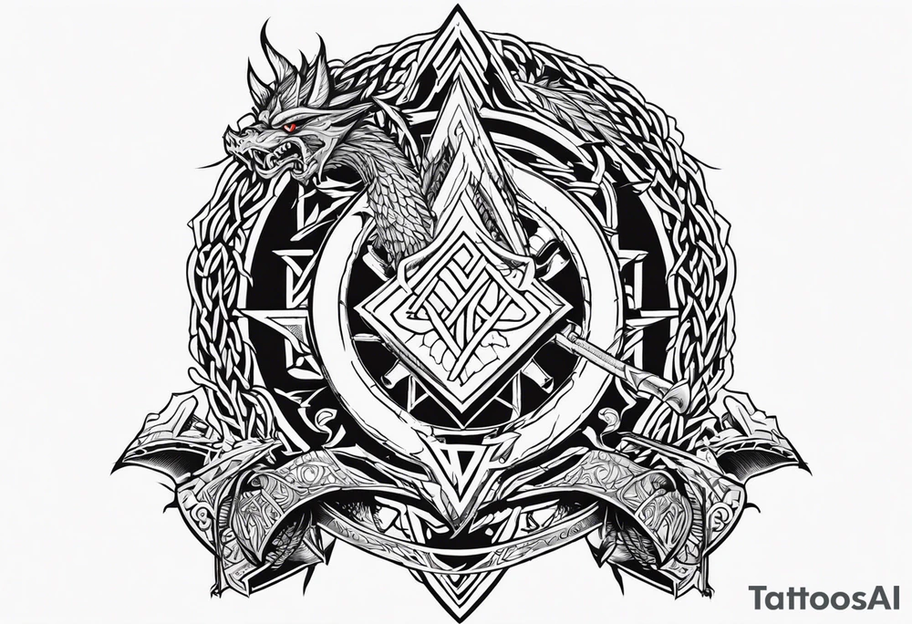 Valhalla sword shield dragon axe Valknut barbed wire chains fire tattoo idea Valhalla sword shield dragon axe Valknut barbed wire chains fire tattoo idea