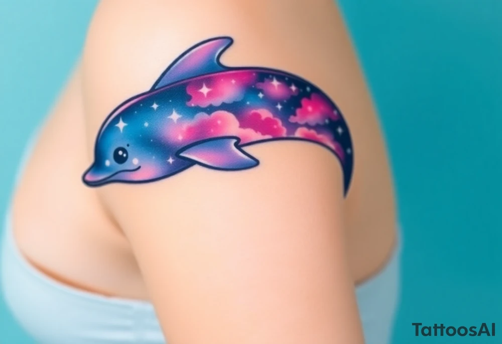 A celestial dolphin with a translucent body, filled with stars and nebula clouds in hues of midnight blue and magenta tattoo idea