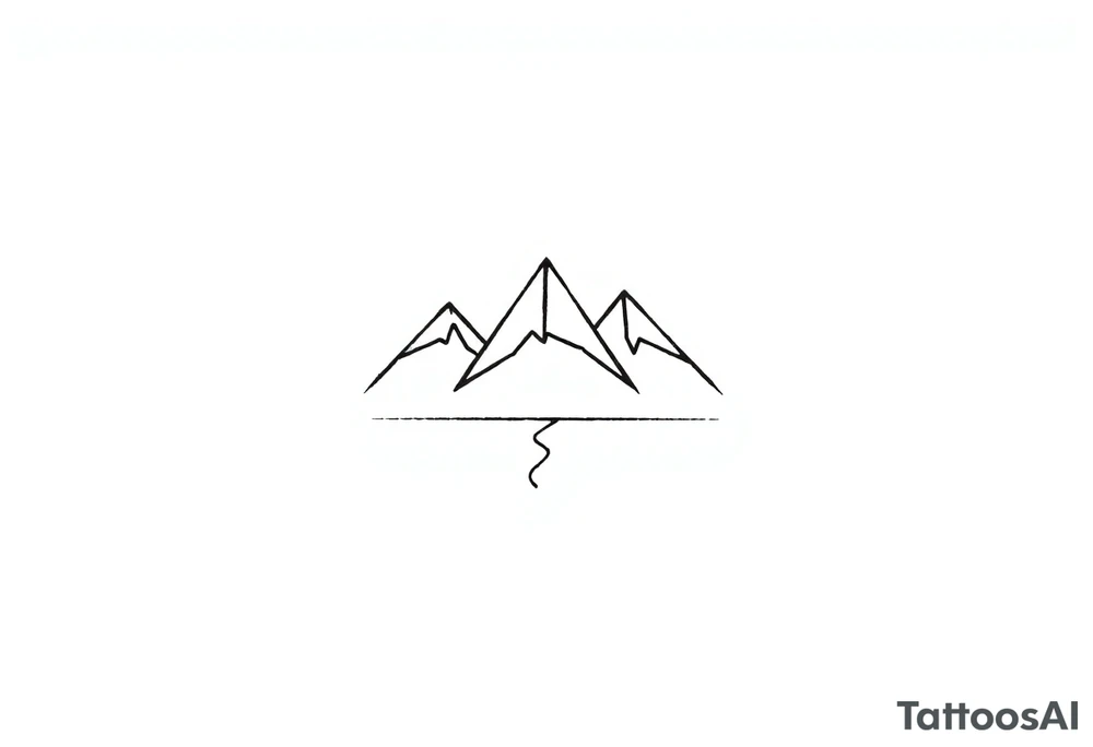 A minimalist geometric design featuring three triangular mountain peaks. Each peak is composed of clean, thin lines with no shading. A single straight horizontal line runs beneath the mountains, symbolizing a trail. The design conveys nature’s strength and the journey of progress. tattoo idea