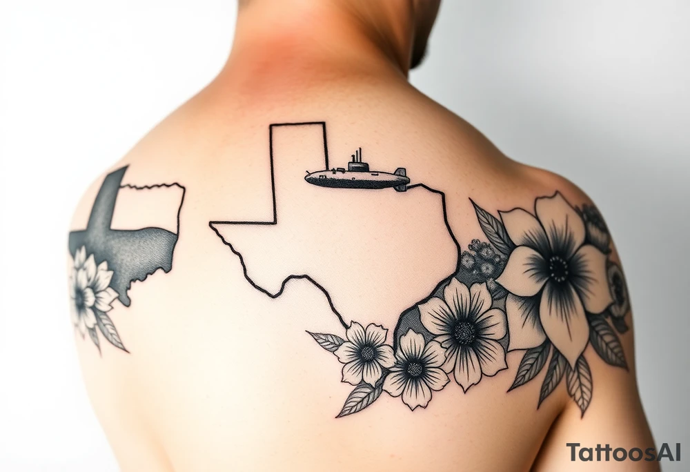 Texas, Connecticut, and Washington. You could also include a small submarine traveling between them.
•	Floral Elements: Incorporate state flowers—bluebonnet (Texas), mountain laurel (Connecticut), and coast rhododendron (Washington)—around the portrait.
Arm sleeve shoulder to elbow tattoo idea