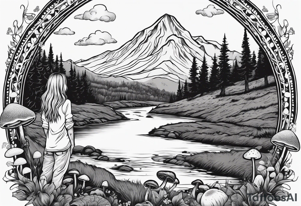Whole picture encircled fully

Straight long blonde hair hippie girl in distance holding mushrooms in hand facing away toward mountains and creek surrounded by mushrooms long sleeve shirt and hiking pants; whole rendering within a full circle, no cut off circle tattoo idea