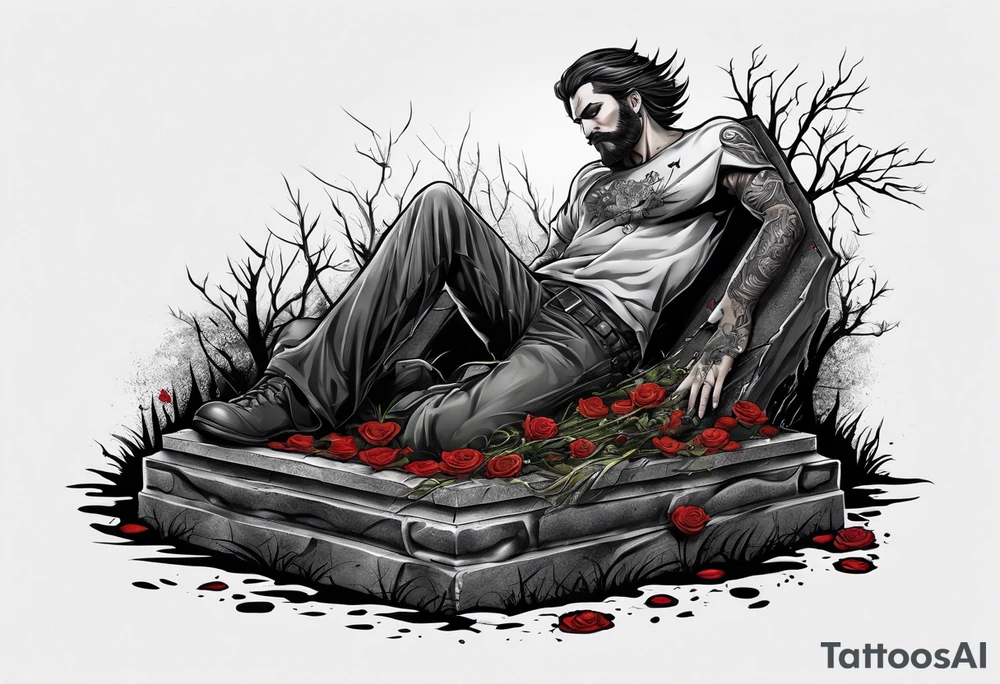 Man emerging from grave. 
MIW Reincarnate written on gravestone tattoo idea
