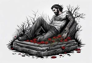 Man emerging from grave. 
MIW Reincarnate written on gravestone tattoo idea