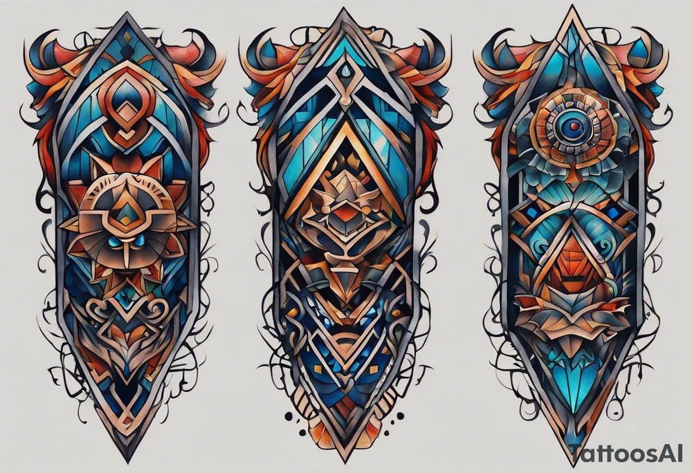 semi Detailed neo traditional knee tattoo flat on paper. The tattoo features geometric patterns and bold lines, creating a visually striking design with slight tints of deep fall colors. outside the tattoo features deep blues washes and water swirls tattoo idea