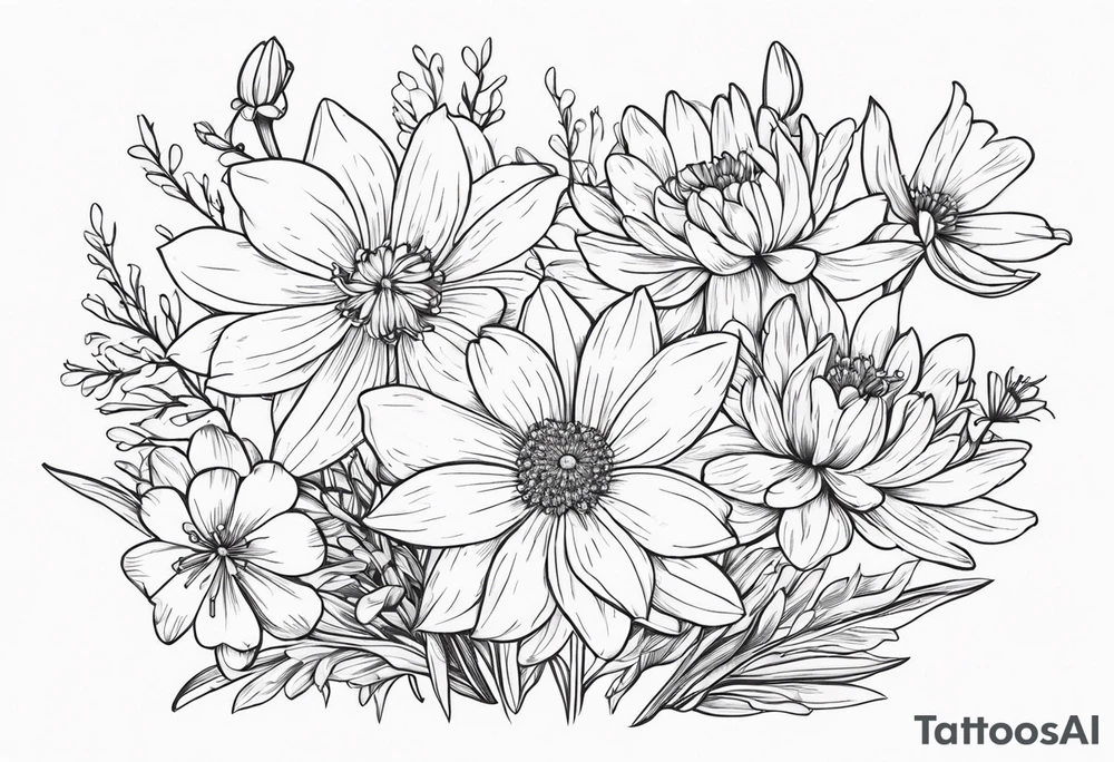 Narcissus, Chrysanthemum,
Cosmos, snow drop that shows all the flower stems for the back of the arm. Fine line. In a flower bouquet tattoo idea