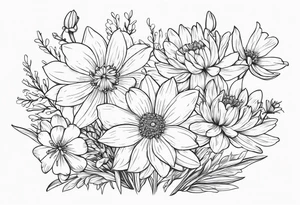 Narcissus, Chrysanthemum,
Cosmos, snow drop that shows all the flower stems for the back of the arm. Fine line. In a flower bouquet tattoo idea