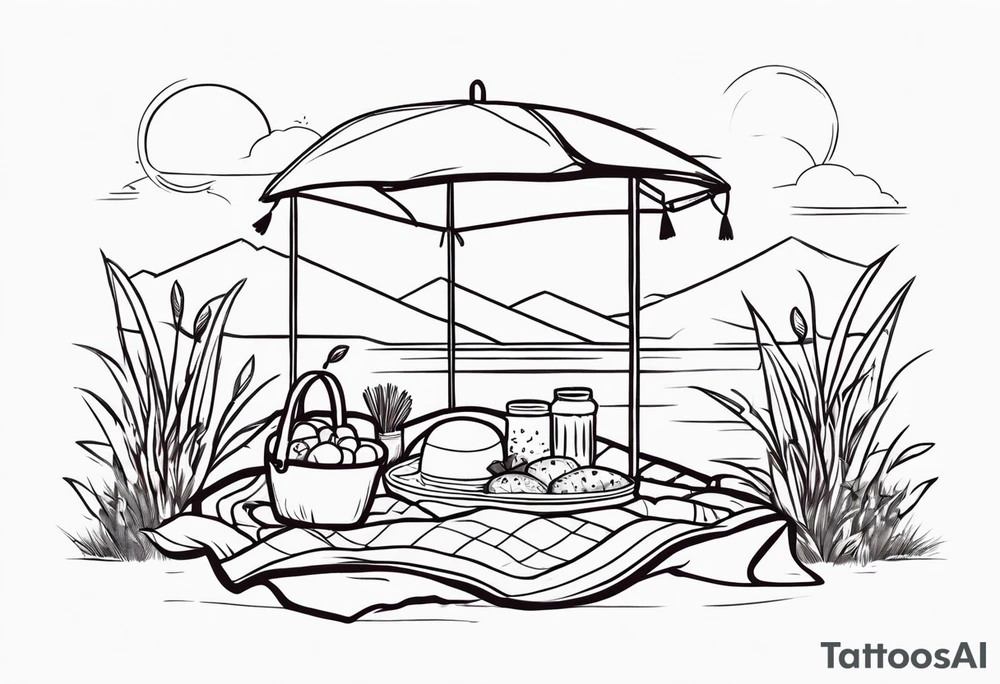 Very light and minimalstic picnic scene in nature. A blanket, picnic-basket with lid, pillows and pennants. Thin lines. tattoo idea