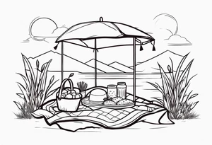 Very light and minimalstic picnic scene in nature. A blanket, picnic-basket with lid, pillows and pennants. Thin lines. tattoo idea