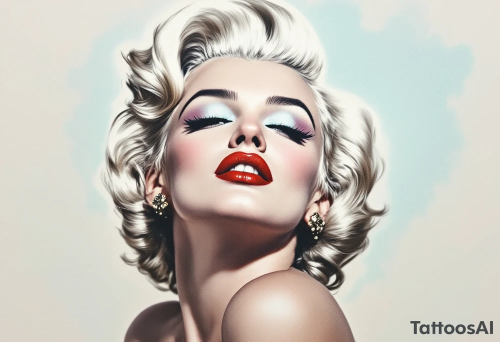 A vintage-style Marilyn in full color with platinum blonde hair, red lips, and a soft pastel background. tattoo idea