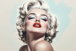 A vintage-style Marilyn in full color with platinum blonde hair, red lips, and a soft pastel background. tattoo idea