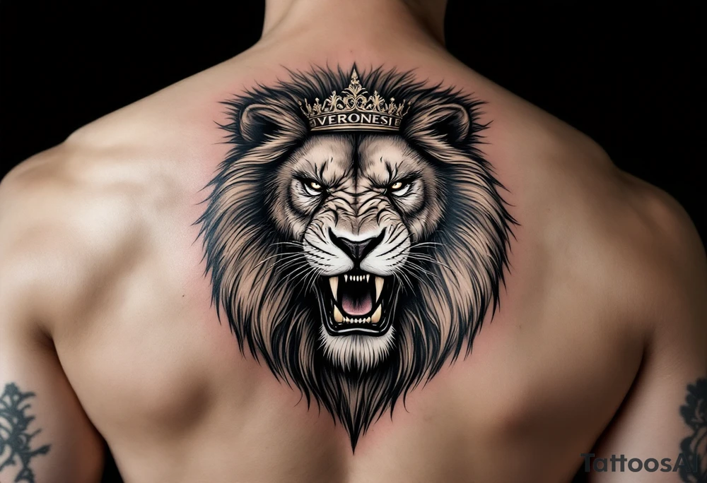 Realistic angriest lion with whole body with crown and "VERONESI" name add on it tattoo idea