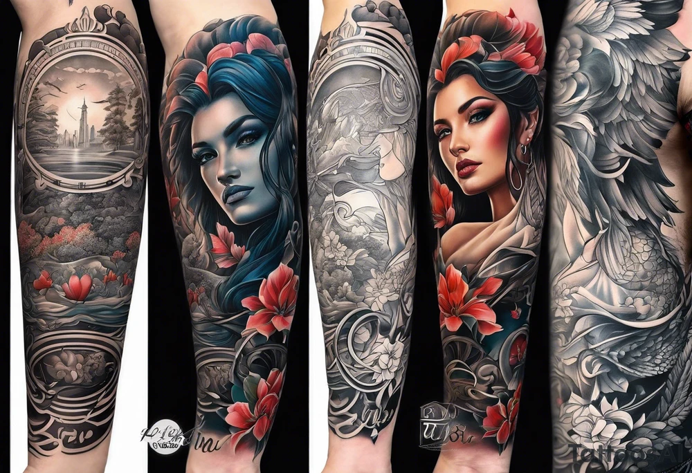 Cohesive sleeve with elements from literature tattoo idea