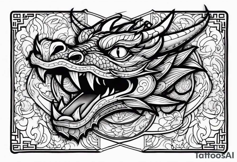 Dragon head facing front, tattoo should look old school Japanese way, dragon mouth should not be open. tattoo idea