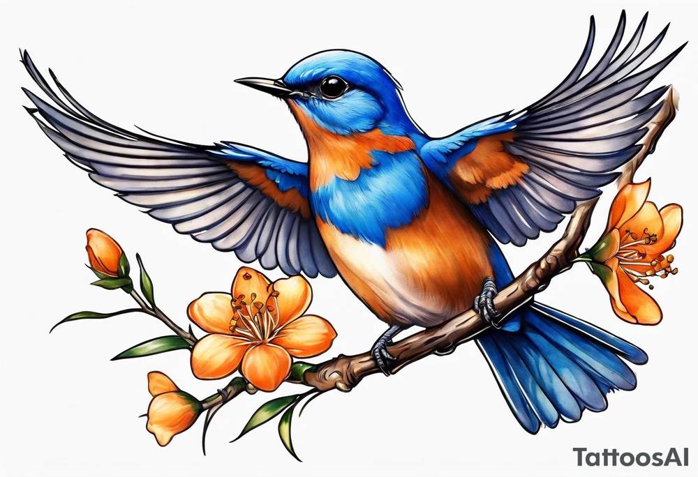bluebird flying off of branch with orange blossoms tattoo idea