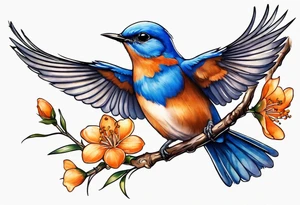 bluebird flying off of branch with orange blossoms tattoo idea