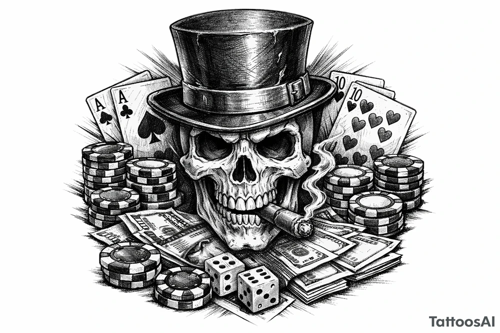 skull with cigar in his mouth,top-hat surrounded by poker-chips,paying cards and money. tattoo idea