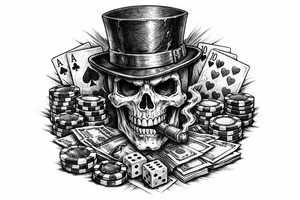 skull with cigar in his mouth,top-hat surrounded by poker-chips,paying cards and money. tattoo idea