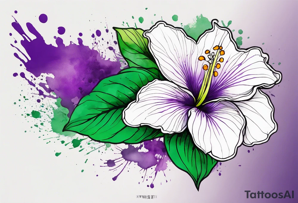 An outline of a green rio dipladenia flower and a purple watercolor splash in the background tattoo idea