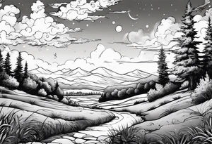 I want a arm sleeve where the sky is the background like the Calvin and Hobbes picture of them looking up at the sky tattoo idea