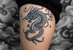 fierce dragon breathing iridescent fire against stormy skies tattoo idea
