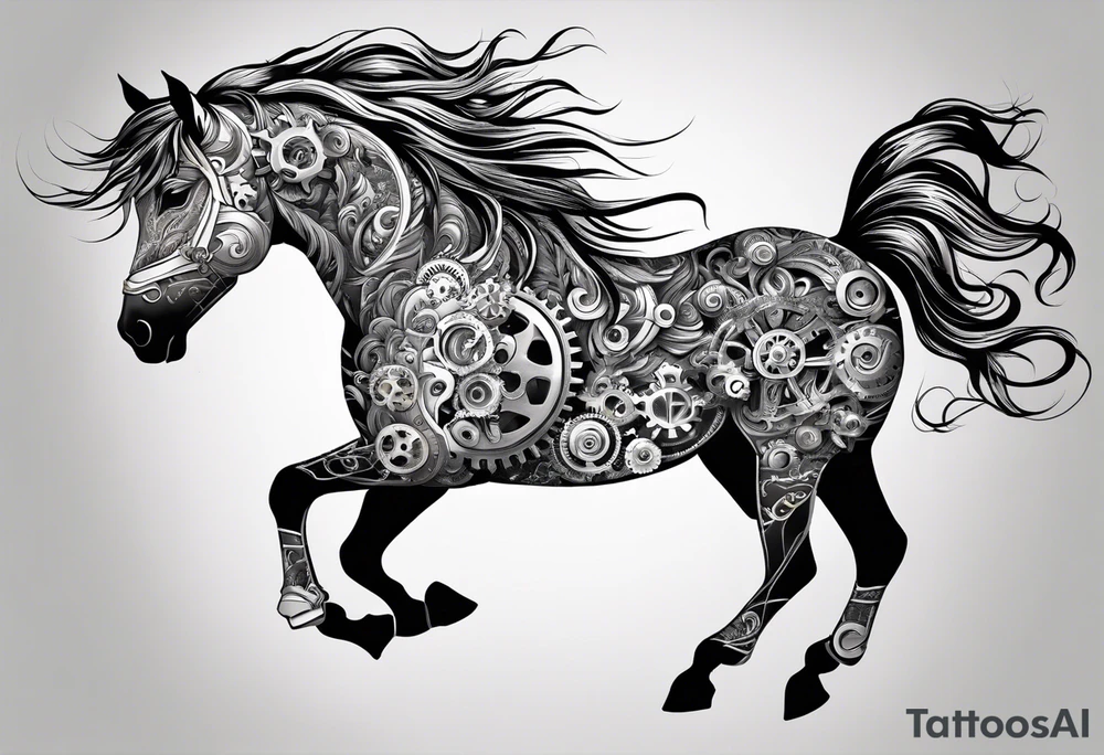 a horse head made out of gears and a flowing mane made out of rope tattoo idea